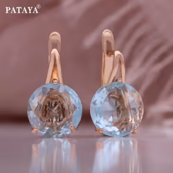 Pataya 585 Rose Gold Color Inlaid Blue Color Round Artificial Zircon Earrings