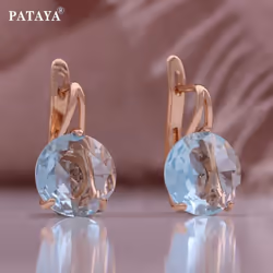 Pataya  585 Rose Gold Color Inlaid Blue Color Round Artificial Zircon Earrings