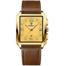 New Rectangular Men&apos;s Stainless Steel Strap Simple Fashion Sports Diamond Calendar Quartz Watch Gold Waterproof Wristwatch - brown,gold