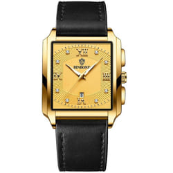 New Rectangular Men&apos;s Stainless Steel Strap Simple Fashion Sports Diamond Calendar Quartz Watch Gold Waterproof Wristwatch - black,gold