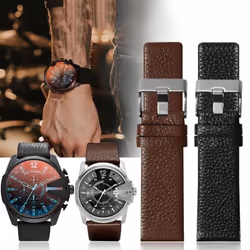 Genuine Leather Strap For Diesel Watchband 30mm 28mm 24mm 26mm 22mm Litchi Grain Strap For Diesel DZ7256 DZ4344 DZ1657 DZ12 Bracelet - Brown, 28mm