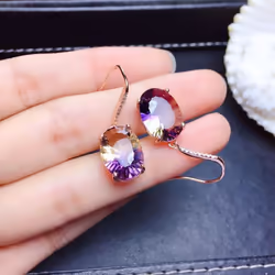 Pomoiii 925 Sterling Silver Earrings Colorful Gemstone Amethyst 18k Gold Earrings For Women Charm Jewelry Gift - rose gold