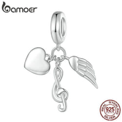 Bamoer 925 Sterling Silver Guitar Charm Bead Vintage Musical Note Pendant Plated Platinum Fit Woman Bracelet Necklace Jewelry - D