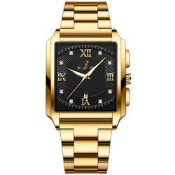 New Rectangular Men&apos;s Stainless Steel Strap Simple Fashion Sports Diamond Calendar Quartz Watch Gold Waterproof Wristwatch - gold,black