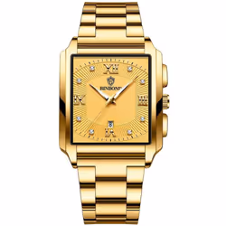New Rectangular Men&apos;s Stainless Steel Strap Simple Fashion Sports Diamond Calendar Quartz Watch Gold Waterproof Wristwatch - silver,black
