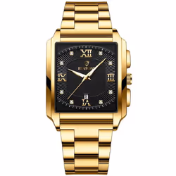 New Rectangular Men&apos;s Stainless Steel Strap Simple Fashion Sports Diamond Calendar Quartz Watch Gold Waterproof Wristwatch - silver,black