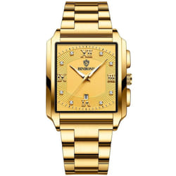 New Rectangular Men&apos;s Stainless Steel Strap Simple Fashion Sports Diamond Calendar Quartz Watch Gold Waterproof Wristwatch - gold