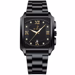 New Rectangular Men's Stainless Steel Strap Simple Fashion Sports Diamond Calendar Quartz Watch Gold Waterproof Wristwat ...