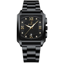 New Rectangular Men&apos;s Stainless Steel Strap Simple Fashion Sports Diamond Calendar Quartz Watch Gold Waterproof Wristwatch - black