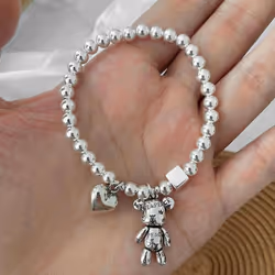 S925 Silver Stamp Bracelets for Women String of Beads Accessories Trend Vintage Simple Cute Bear Pendant Party Jewelry