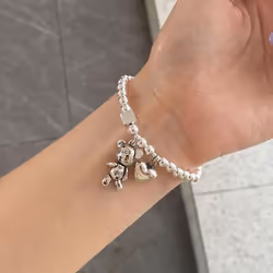 S925 Silver Stamp Bracelets for Women String of Beads Accessories Trend Vintage Simple Cute Bear Pendant Party Jewelry