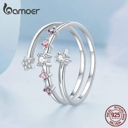 Bamoer 925 Sterling Silver Multi-layer Star Ring Clear And Red Zircon Ring For Women Fashion Birthday Gift Fine Jewelry - 925 silver