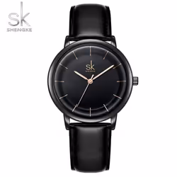Shengke Women Watches Simple Fashion Female Leather Quartz Wrist Watch Ladies Waterproof Clock Girl Gift - black