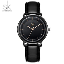 Shengke Women Watches Simple Fashion Female Leather Quartz Wrist Watch Ladies Waterproof Clock Girl Gift - black
