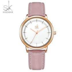 Shengke Women Watches Simple Fashion Female Leather Quartz Wrist Watch Ladies Waterproof Clock Girl Gift - pink