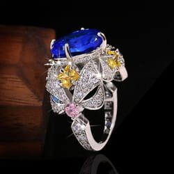 Vintage Jewelry Luxury Big Sapphire 925 Sterling Silver Rings For Women Elegant Flower Engagement Wedding Band Anniversary Rings - blue, 10
