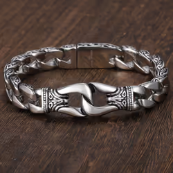 Men's Stainless Steel Curb Cuban Link Bracelet Totem Knot Charm Wristband Male Jewelry - silver, 24cm