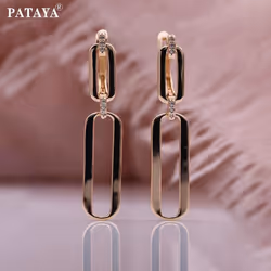 Pataya Rose Gold Color Hollow Earrings Artificial Zircon Long Drop Earrings Women Wedding Geometric Earrings