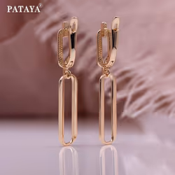 Pataya Rose Gold Color Hollow Earrings Artificial Zircon Long Drop Earrings Women Wedding Geometric Earrings