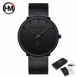 Hannah Martin Mens Watch Black Ultra Thin Wrist Watches For Men Fashion Waterproof Dress Stainless Steel Band Luxury Quartz W ...