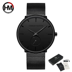 Hannah Martin Mens Watch Black Ultra Thin Wrist Watches For Men Fashion Waterproof Dress Stainless Steel Band Luxury Quartz Wrist Watch - black