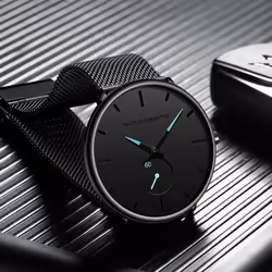 Hannah Martin Mens Watch Black Ultra Thin Wrist Watches For Men Fashion Waterproof Dress Stainless Steel Band Luxury Quartz Wrist Watch - black