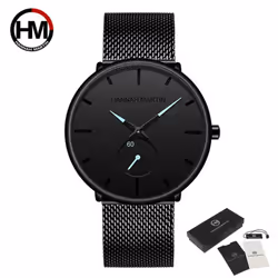 Hannah Martin Mens Watch Black Ultra Thin Wrist Watches For Men Fashion Waterproof Dress Stainless Steel Band Luxury Quartz W ...