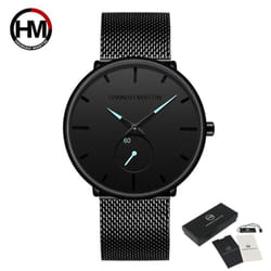 Hannah Martin Mens Watch Black Ultra Thin Wrist Watches For Men Fashion Waterproof Dress Stainless Steel Band Luxury Quartz Wrist Watch - blue