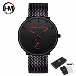 Hannah Martin Mens Watch Black Ultra Thin Wrist Watches For Men Fashion Waterproof Dress Stainless Steel Band Luxury Quartz W ...
