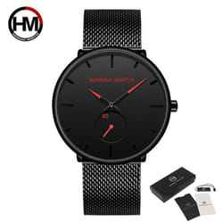 Hannah Martin Mens Watch Black Ultra Thin Wrist Watches For Men Fashion Waterproof Dress Stainless Steel Band Luxury Quartz Wrist Watch - red