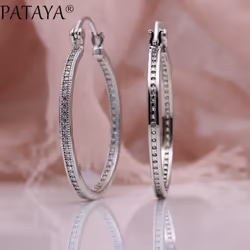 Pataya Micro Wax Inlay Luxury Big Circle Long Hollow Women White Gold Natural Zircon  Earrings