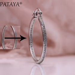 Pataya Micro Wax Inlay Luxury Big Circle Long Hollow Women White Gold Natural Zircon  Earrings