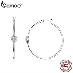 Bamoer Authentic 925 Sterling Silver Big Circle Love Heart Shape Clear Cz Drop Earrings