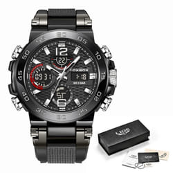 Lige Men&apos;s Sports Watch 5atm Waterproof Luminous Digital Dual Display Quartz Watch Fashion Chronograph - black