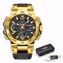Lige Men's Sports Watch 5atm Waterproof Luminous Digital Dual Display Quartz Watch Fashion Chronograph - gold