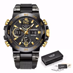 Lige Men&apos;s Sports Watch 5atm Waterproof Luminous Digital Dual Display Quartz Watch Fashion Chronograph - gold,black