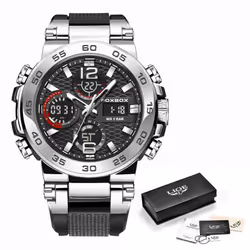 Lige Men&apos;s Sports Watch 5atm Waterproof Luminous Digital Dual Display Quartz Watch Fashion Chronograph - silver,black