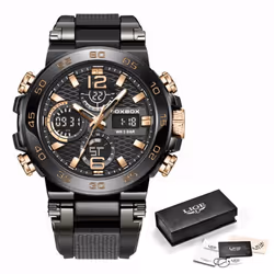 Lige Men&apos;s Sports Watch 5atm Waterproof Luminous Digital Dual Display Quartz Watch Fashion Chronograph - rose gold,black