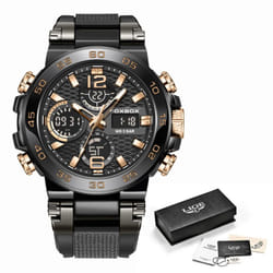 Lige Men&apos;s Sports Watch 5atm Waterproof Luminous Digital Dual Display Quartz Watch Fashion Chronograph - rose gold,black
