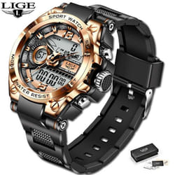 LIGE New Sports Men&apos;s Watches Top Brand Luxury Military Quartz Watch Men Waterproof - Rose Black