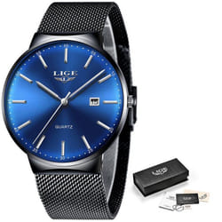 Lige Mesh Stainless Steel Date Clock Fashion Watch - Blue Silver