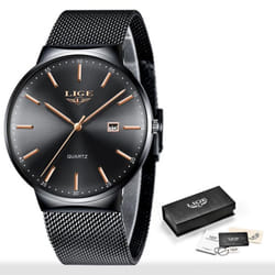 Lige Mesh Stainless Steel Date Clock Fashion Watch - Black