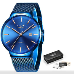 Lige Mesh Stainless Steel Date Clock Fashion Watch - Blue