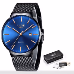 Lige Mesh Stainless Steel Date Clock Fashion Watch - Black Blue