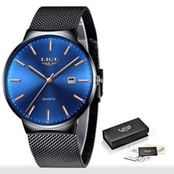 Lige Mesh Stainless Steel Date Clock Fashion Watch - Black Blue