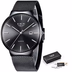Lige Mesh Stainless Steel Date Clock Fashion Watch - Black Silver