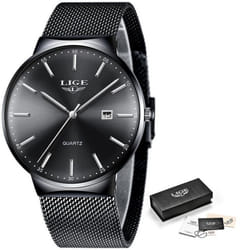 Lige Mesh Stainless Steel Date Clock Fashion Watch - Black Silver