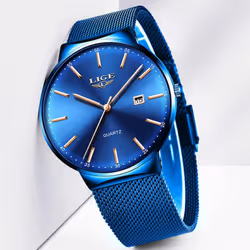Lige Mesh Stainless Steel Date Clock Fashion Watch - Black Silver