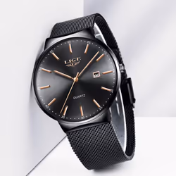 Lige Mesh Stainless Steel Date Clock Fashion Watch - Black Silver