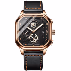 New Black Square Men&apos;s Watch Stainless Steel Multifunctional Sports Chronograph Quartz Watch Running Seconds Calendar -  ...
